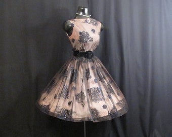 Vintage 1950's 50s Black Illusion Flocked Chiffon Organza Velvet Taffeta Party Prom DRESS Gown