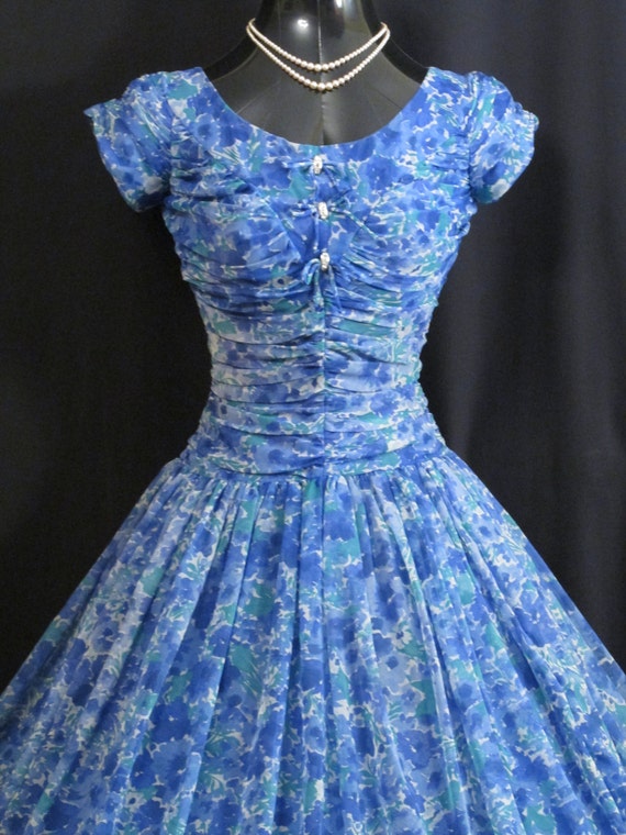 Vintage 1950's 50s Blue Green Ruched Impressionis… - image 4