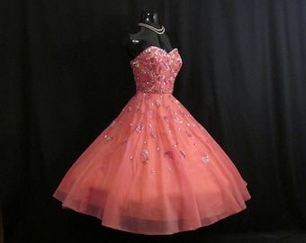 Vintage 1950's 50s Strapless Barbie Salmon Pink Coral Beaded Sequins CHIFFON Organza Party Prom Wedding DRESS