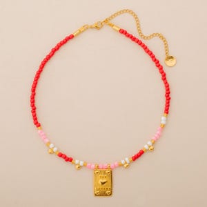 Collar del Tarot de los Enamorados, con cuentas rojas, rosas y blancas y colgante dorado, joya romántica hecha a mano, regalo para ella, hecho a mano en Grecia.