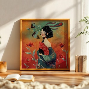 Framed or Unframed Japanese Girls Art Print with White Cat Retro Illustration Poster for Wall Decor Cozy Room Gift for Cat Lovers