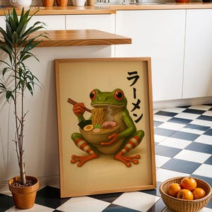 Frog Eating Ramen Wall Art Print for Kitchen or Dining Room, Funny Japanese Noodle Poster with Retro Illustration Style Decor