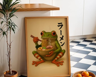 Frog Ramen Poster: Funny Japanese Kitchen Art, Retro Style
