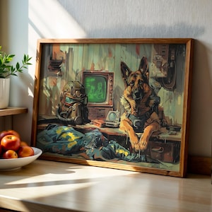 May include: A framed artwork featuring a German Shepherd dog with a harness, resting on a wooden surface. The artwork includes a vintage television, a helmet, and a blue and yellow garment. The color palette is dominated by browns, greens, and yellows.