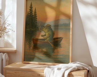 4 olika vintage kanoter i sjön oljemålningar, rustik antik retro utomhussportposter, kanadensisk resestuga väggkonst