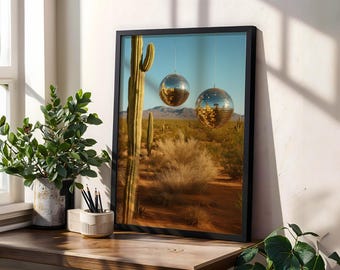 Desert Disco Poster: Retro Western Art Print with Mirror Balls