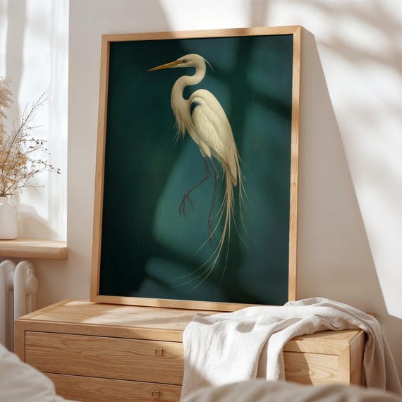 Blue Heron Art Print, Vintage Audubon Crane Poster, Emerald Green Wall Decor