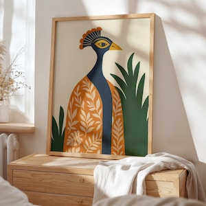 Modern Peacock Illustration Wall Art, Boho Bird Canvas Print, Minimalist Nature Inspired Home Decor, Botanical Animal Poster