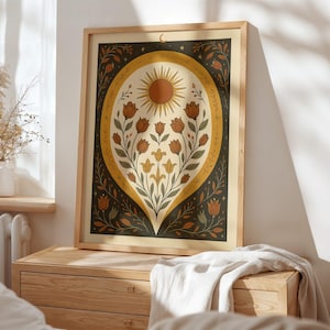 Orange Sun and Roses Sun Art Poster Mystical Folk Art Illustration Flowery Spiritual Print Botanical Boho Wall Art Earth Tones Bedroom Decor