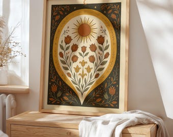 Oranje zon en rozen zon kunstposter mystieke volkskunst illustratie bloemrijke spirituele print botanische boho muur kunst aardetinten slaapkamer decor