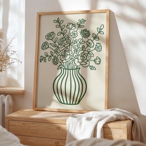 Póster de jarrón moderno con estampado floral verde, póster imprimible con estampado de jarrón de rayas retro, flores dibujadas a mano, decoración minimalista y moderna para sala de estar.