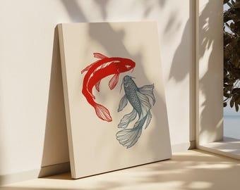 Red and Blue Koi Print, Japanese Print, Vintage Print, Printable Wall Art, Trendy Wall Art, Aesthetic Wall Art, Japanese Art Print