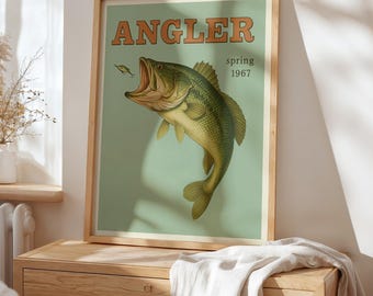Póster vintage de pesca de lubina, ilustración retro de pescador, decoración de pared para cabaña