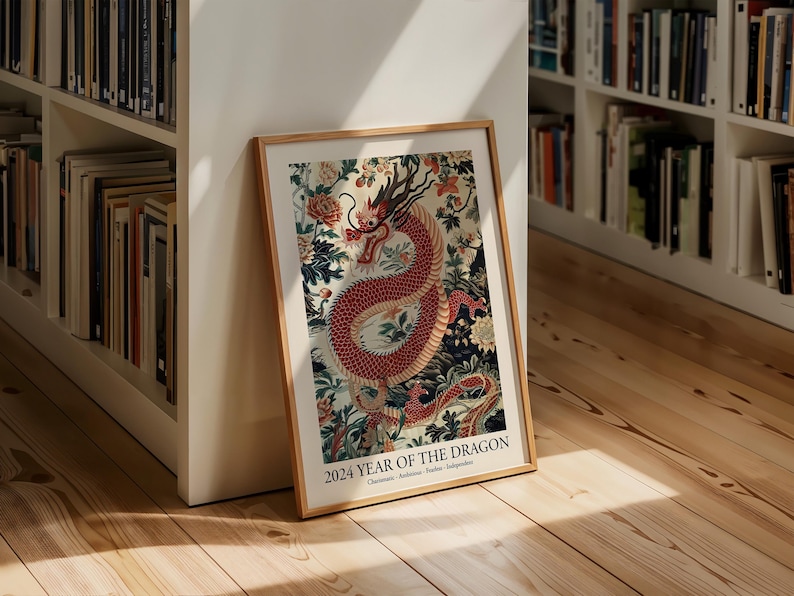 May include: A framed print of a red and gold dragon with floral details. The print is titled "2024 Year of the Dragon".