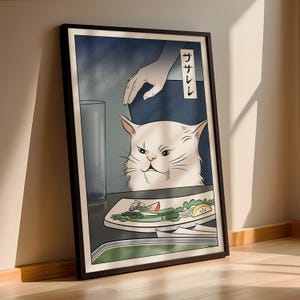 Funny Japanese Style Cat Meme Art Print – Angry White Cat Wall Poster – Pop Culture Humor Wall Decor for Cat Lovers and Meme Fans