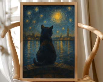 Van Gogh Cat Printed, Vincent Van Gogh's The Starry Night Cat Print, Van Gogh Cat Poster, Black Cat Art, Funny Cat print, Funny Gift