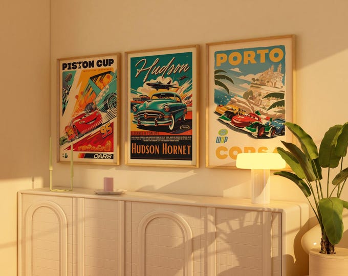 Piston Cup Retro Movie Poster SET, Kids Room Gift, Minimalist Art, Vintage Poster - Midcentury Art, DİJİTAL POSTER
