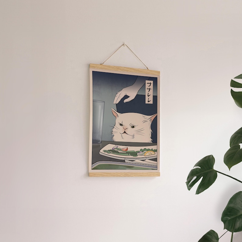 Funny Japanese Style Cat Meme Art Print – Angry White Cat Wall Poster ...