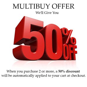 May include: A red 3D rendering of the numbers "50" with a percentage symbol and the word "OFF". The text "MULTIBUY OFFER" and "We'll Give You" are above the numbers. Below, it reads "When you purchase 2 or more, a 50% discount will be automatically applied to your cart at checkout."