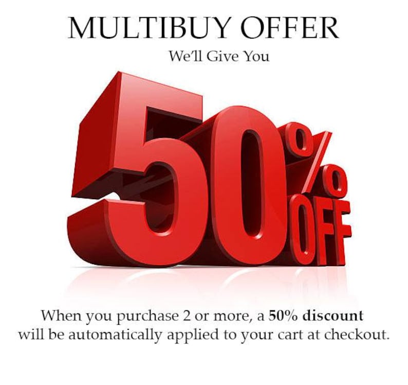 May include: A red 3D rendering of the numbers "50" with a percentage symbol and the word "OFF". The text "MULTIBUY OFFER" and "We'll Give You" are above the numbers. Below, it reads "When you purchase 2 or more, a 50% discount will be automatically applied to your cart at checkout."