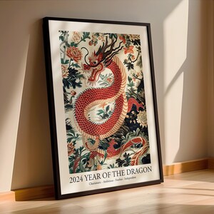 May include: A poster with a red dragon illustration surrounded by flowers and leaves. The text at the bottom reads "2024 Year of the Dragon. Charismatic - Ambitious - Fearless - Independent."