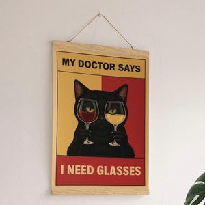 Funny Cat Wine Poster – &quot;I Need Glasses&quot; Wall Art – Retro Black Cat Print – Wine Lover Gift – Bar Kitchen Decor – Humorous Art