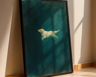 May include: A painting of a white dog swimming underwater. The dog is in mid-air, with its paws extended, and its head is turned to the side. The background is a deep blue, and the water is rippling around the dog.