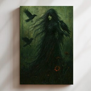Forest Witch Canvas - Gothic Wall Art - Dark Forest Woman with Ravens, Gothic Art, Mythical Nature Decor