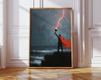 May include: A framed artwork depicts a figure holding a hammer aloft, silhouetted against a stormy sea and red lightning. The figure wears a red cape. The artwork is in a gold frame and is displayed on a wooden floor.