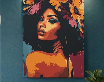 Afro Beauty Canvas Art, Bold Floral Portrait, Black Woman Wall Art, Melanin Queen Print, Natural Hair Art, Salon Decor, Gift for Her