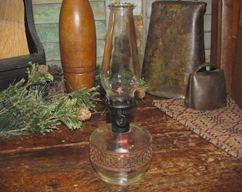 Vintage Mini Glass Base Oil Lamp Lantern Pierced Metal Band W/ Chimney AS IS