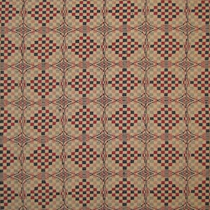 May include: A woven fabric with a repeating pattern of red, black, and gray squares arranged in a grid. The squares are set against a beige background, creating a textured appearance. The design is symmetrical and geometric.