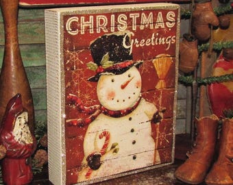 May include: A rectangular Christmas sign featuring a snowman illustration with a black top hat, red scarf, and candy cane. The sign has the words "CHRISTMAS Greetings" on a red background with a glittery border. Other Christmas decorations are in the background.