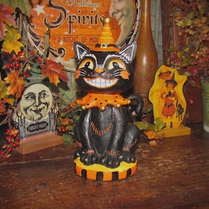 Primitive Resin 10" Halloween Vtg Paper Mache Style Black Cat Circus Clown
