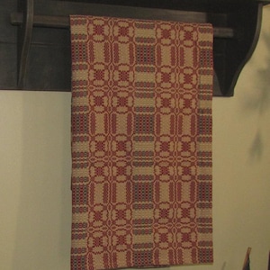 Primitive Red Green Tan Cotton Cambridge Woven 74" Vtg Style COVERLET Throw RQ30RGT