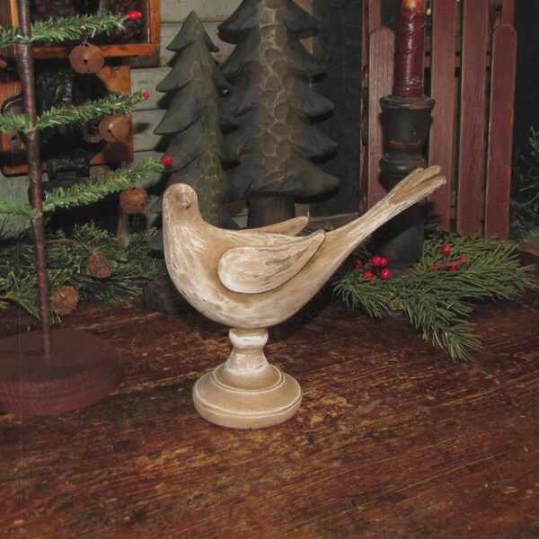 Primitive 6" Carved Wood Vtg Style Resin White Washed Christmas Dove Partridge Bird