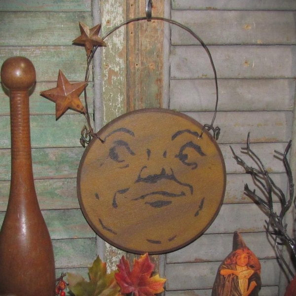 Primitive Mustard Halloween Man on Moon Face Vtg Style Wood Sign Made in USA