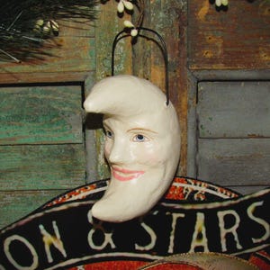 4" Bethany Lowe White Crescent Moon Man Paper Mache Bucket Retro Vtg Halloween