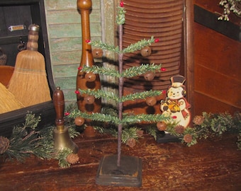 Primitive Feather Style 14" Retro Wooden Vintage Christmas Jingle Bell Tree Made in USA
