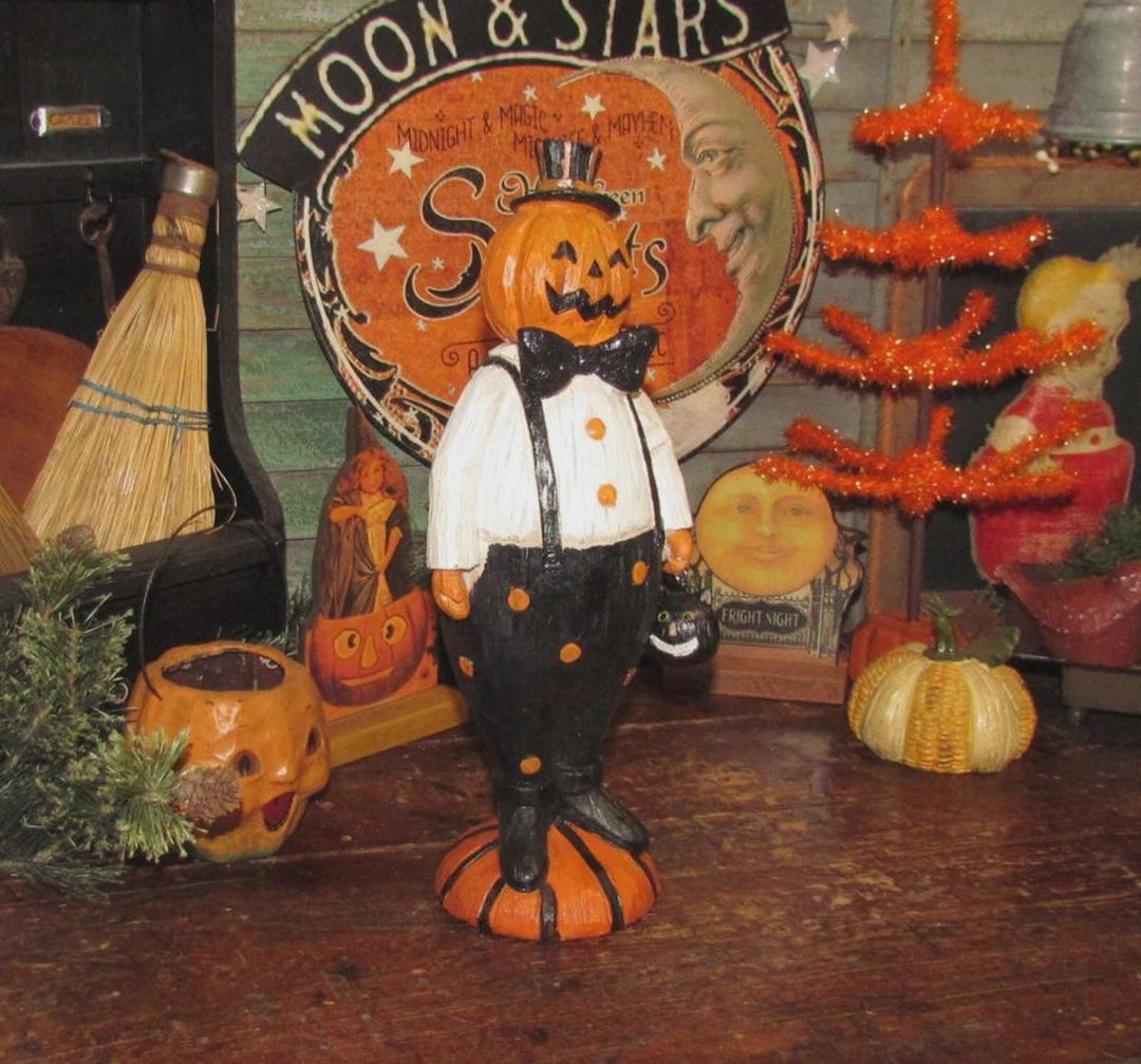 Primitive 12" Halloween Boy Jack O Lantern Clown Vtg Mache Style Black ...