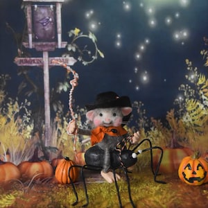 Needle Felted Halloween Mouse Cowboy On Giant Spider!