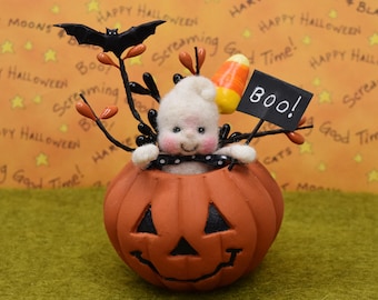 Needle Felted Halloween Ghost In A Jack-O-Lantern