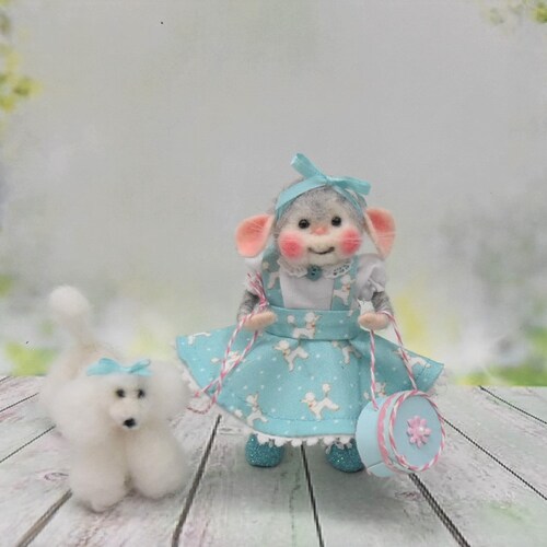 Needle Felted Spring Mouse Shopping Girl With Pet Poodle And Poodle Skirt!..........Free U.S. Shipping too! shops