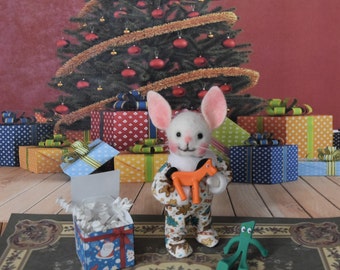 Christmas Day Pajama Boy Bunny With Miniature Gumby And Pokey Toys! Needle Felted ...........Free U.S. Shipping too!