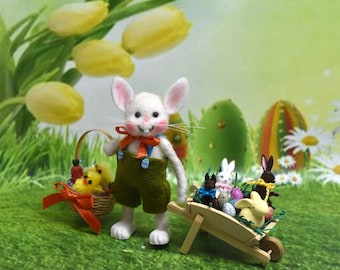Needle Felted Easter Bunny Figurine with Wheelbarrow