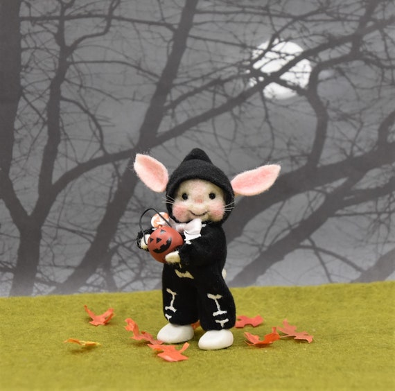 Needle Felted Halloween Bunny: Skeleton Costume, Pumpkin Candy Pail