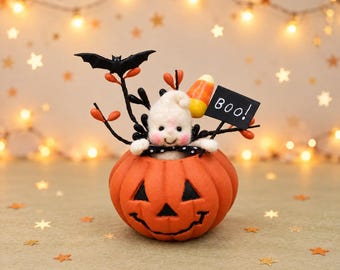 Needle Felted Halloween Ghost In A Jack-O-Lantern