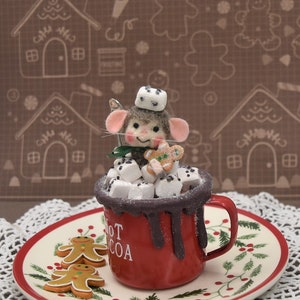 Christmas Mouse In Hot Cocoa Mug Decoration Scene, Needle Felted!.............Free U.S. Shipping Too!