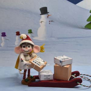 Needle Felted Mouse Elf With Sled And Personalized Packages!
