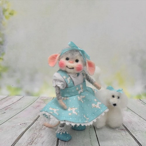 Needle Felted Spring Mouse Shopping Girl With Pet Poodle And Poodle Skirt!..........Free U.S. Shipping too! shops